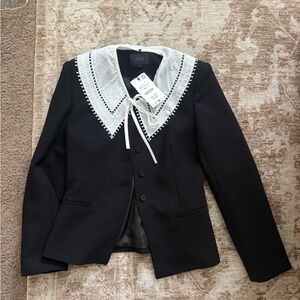 Zara Black Blazer with White Lace Collar and Tie